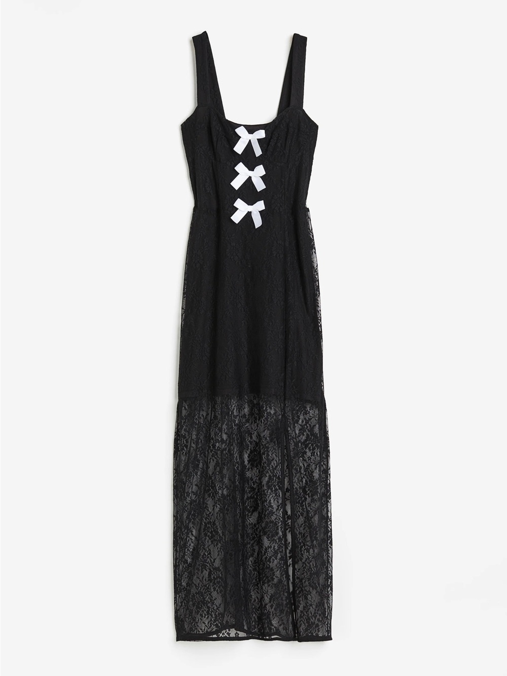 H&M - Black Lace Maxi Dress with White Bow Detail
